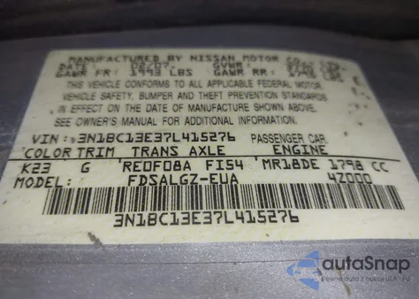 2007 Nissan Versa 1.8Sl from USA, damaged, VIN 3N1BC13E37L415276